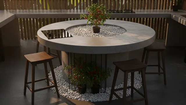 Inspirasi Desain Dapur Semi Terbuka Menyatu dengan Kebun Sayur Mini. AI