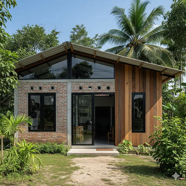 Rumah dengan Kombinasi Material Bata Ekspos & Kayu