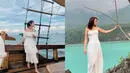 Ide OOTD liburan, bisa pilih gaun putih model sabrina atau strapless seperti Ghea dan Happy Asmara ini.