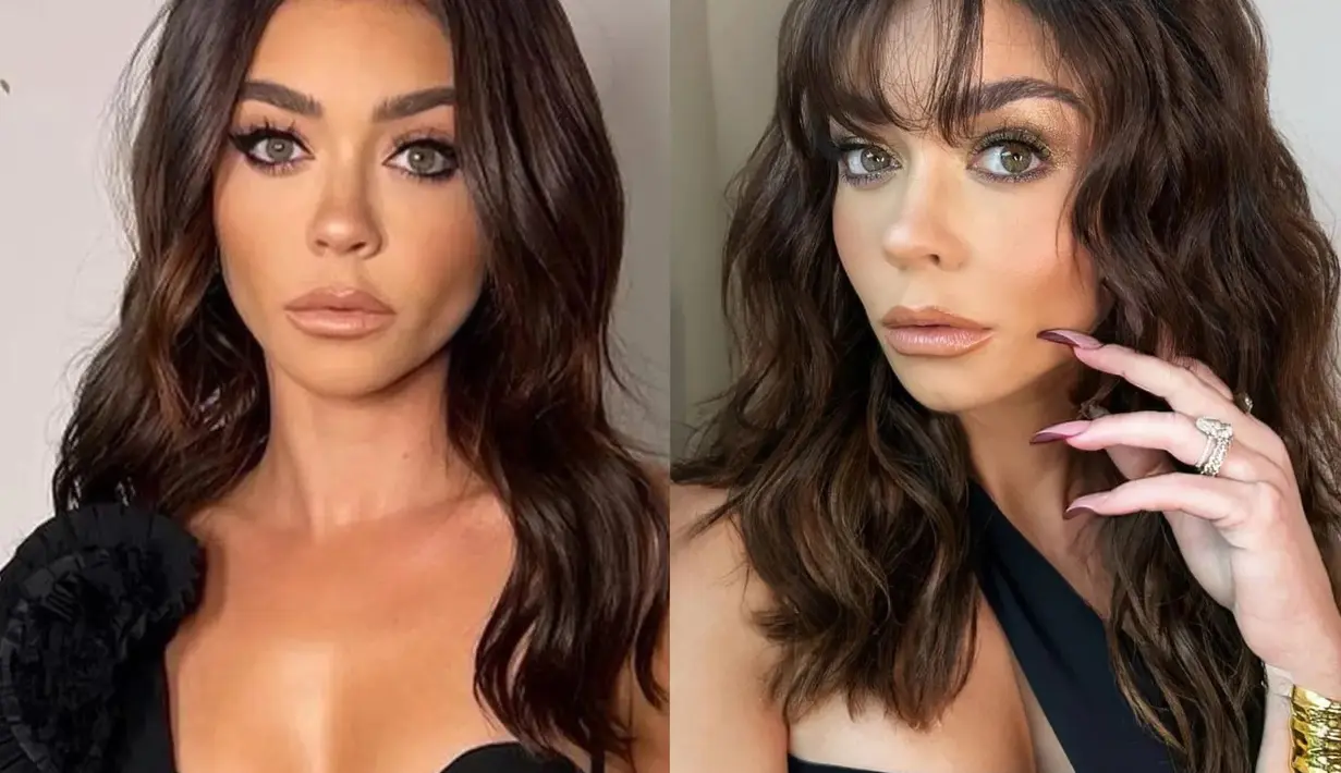 Sarah Hyland memberi sentuhan pada rambut cokelatnya yang ikonis dengan poni tipis. Foto: Glamour.