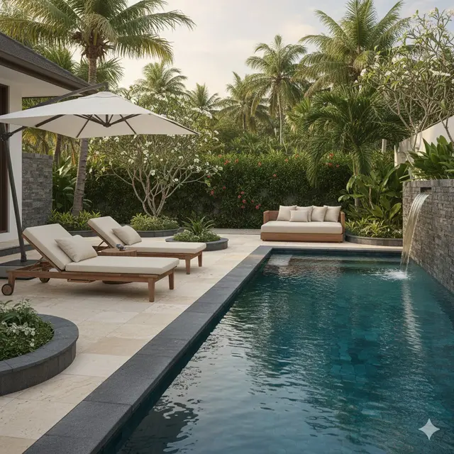 Teras dengan Konsep Poolside Lounge (Gemini AI)
