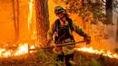 Petugas pemadam kebakaran Stephanie Endsley memerangi Mosquito Fire yang menyala dekat komunitas Michigan Bluff di Placer County, California, Amerika Serikat, 7 September 2022. (AP Photo/Noah Berger)
