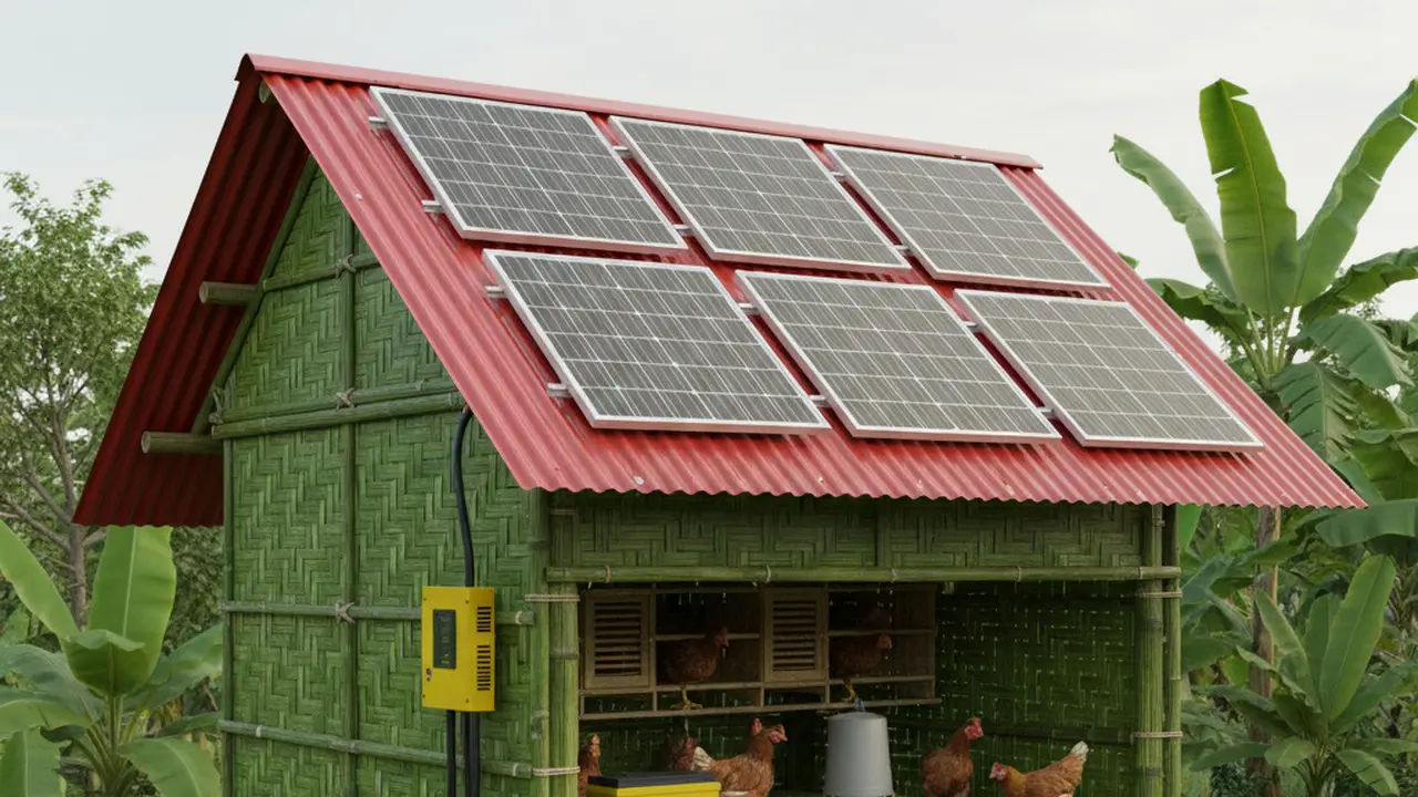 Desain Kandang Ayam dengan Atap Solar Panel Mini. AI