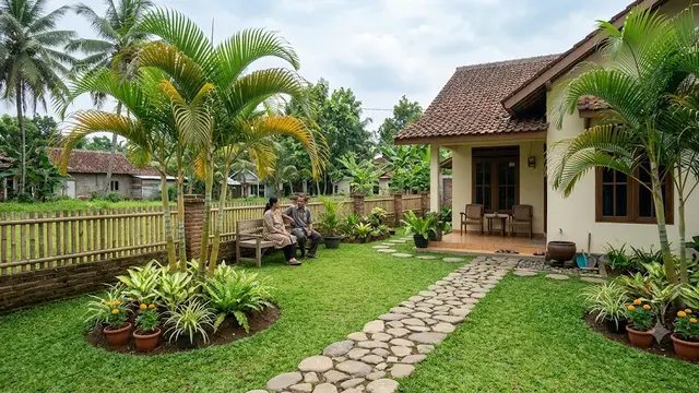 Ide Menata Halaman Rumah Agar Teduh Tanpa Biaya Mahal Model Menggabungkan Palem Kuning dan Rumput