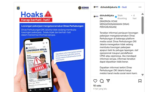 <p>Tangkapan layar klaim lowongan kerja di Dinas Perhubungan 2025 yang beredar di Instagram.</p>