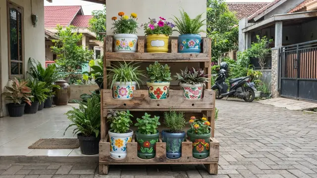 Inspirasi galon bekas menjadi pot bunga bertingkat yang unik dan hemat biaya model kombinasi rak kayu