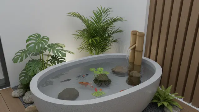 Kolam Ikan Sudut Rumah Model Bundar / Oval di Pot Besar