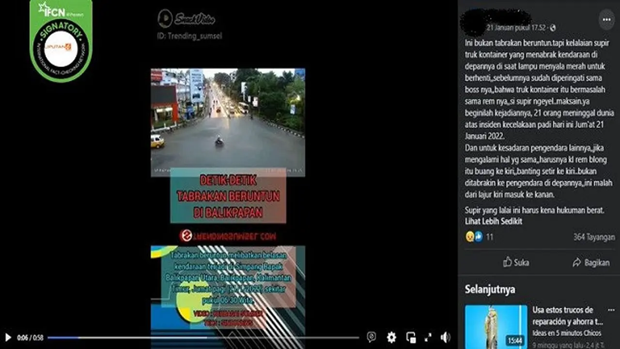Gambar Tangkapan Layar Kabar tentang 21 Orang Meninggal Dunia Akibat Kecelakaan Maut di Balikpapan (sumber: Facebook).