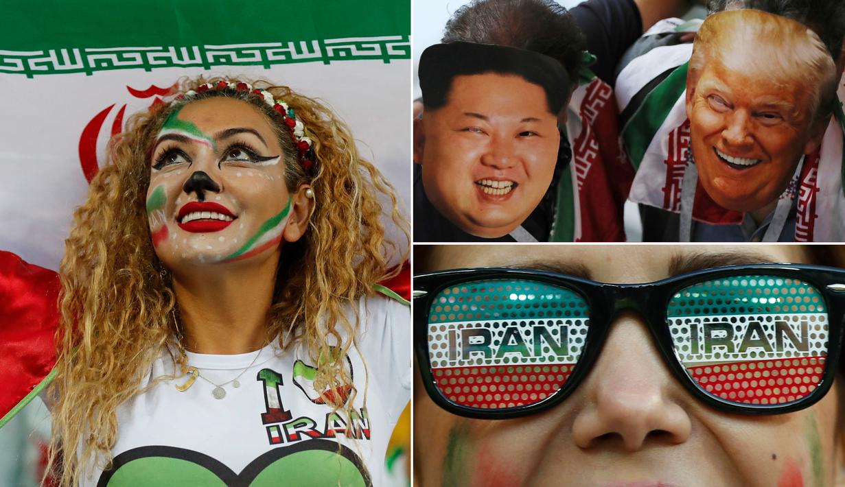 Ada hal unik yang dilakukan suporter Iran saat mendukung negaranya, mereka memakai topeng wajah dari Donald Trump dan Kim Jong-un. Tak hanya itu, sejumlah suporter cantik juga turut menambah semarak suasana. (Kolase foto-foto dari AP)