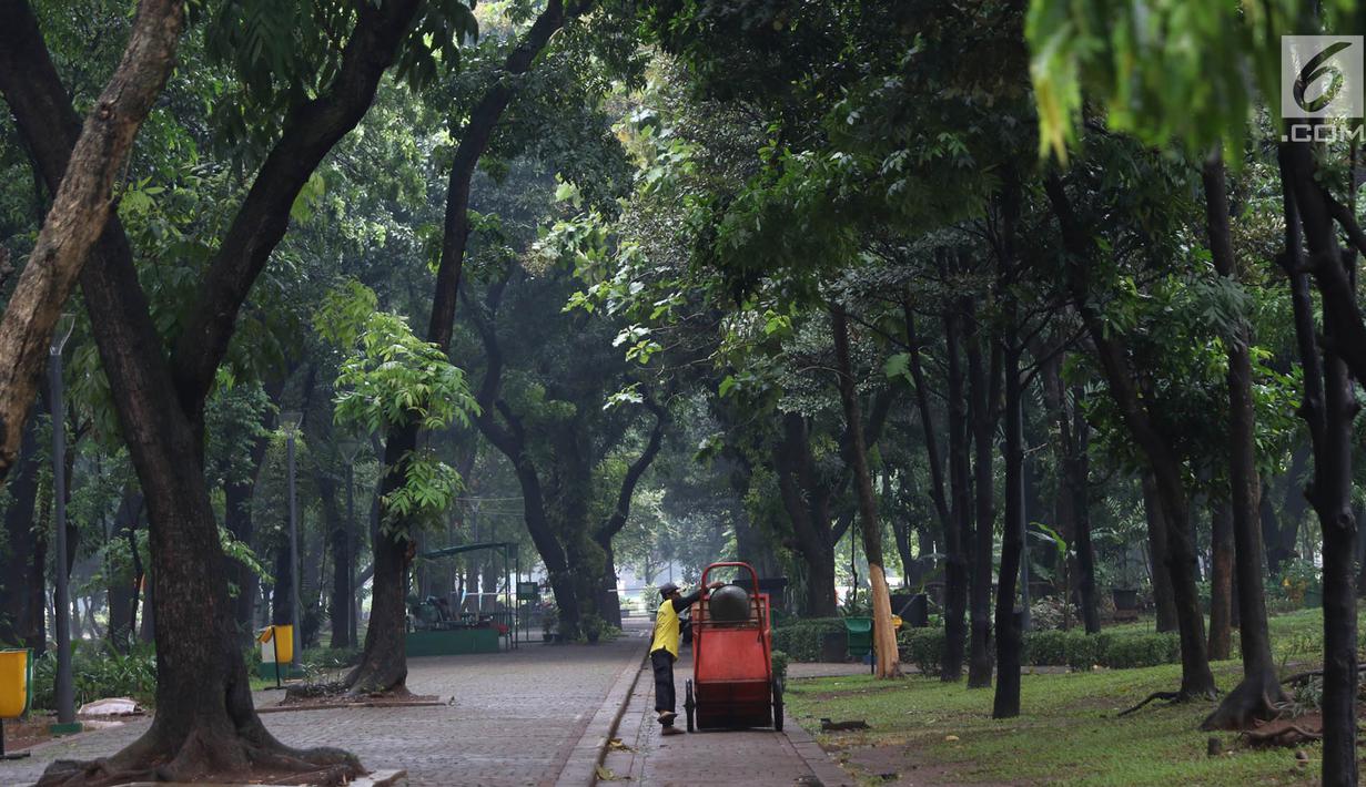 Petugas membersihkan sampah di kawasan Monas, Jakarta, Senin (3/11). Kesigapan petugas kebersihan pasca reuni 212 membuat kawasan tersebut kembali bersih meskipun sehari sebelumnya dipenuhi ratusan ribu orang. (Liputan6.com/Immanuel Antonius)