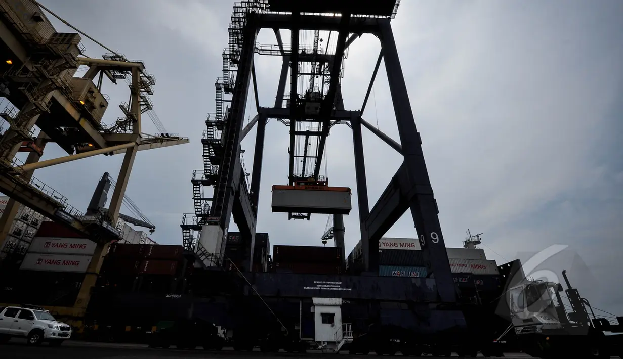 Kegiatan bongkar muat peti kemas  di Jakarta International Cointainer Terminal (JICT), Tanjung Priok, Jakarta, Rabu (25/3/2015). Pelindo II mencatat waktu tunggu pelayanan kapal dan barang sudah mendekati target pemerintah. (Liputan6.com/Faizal Fanani)