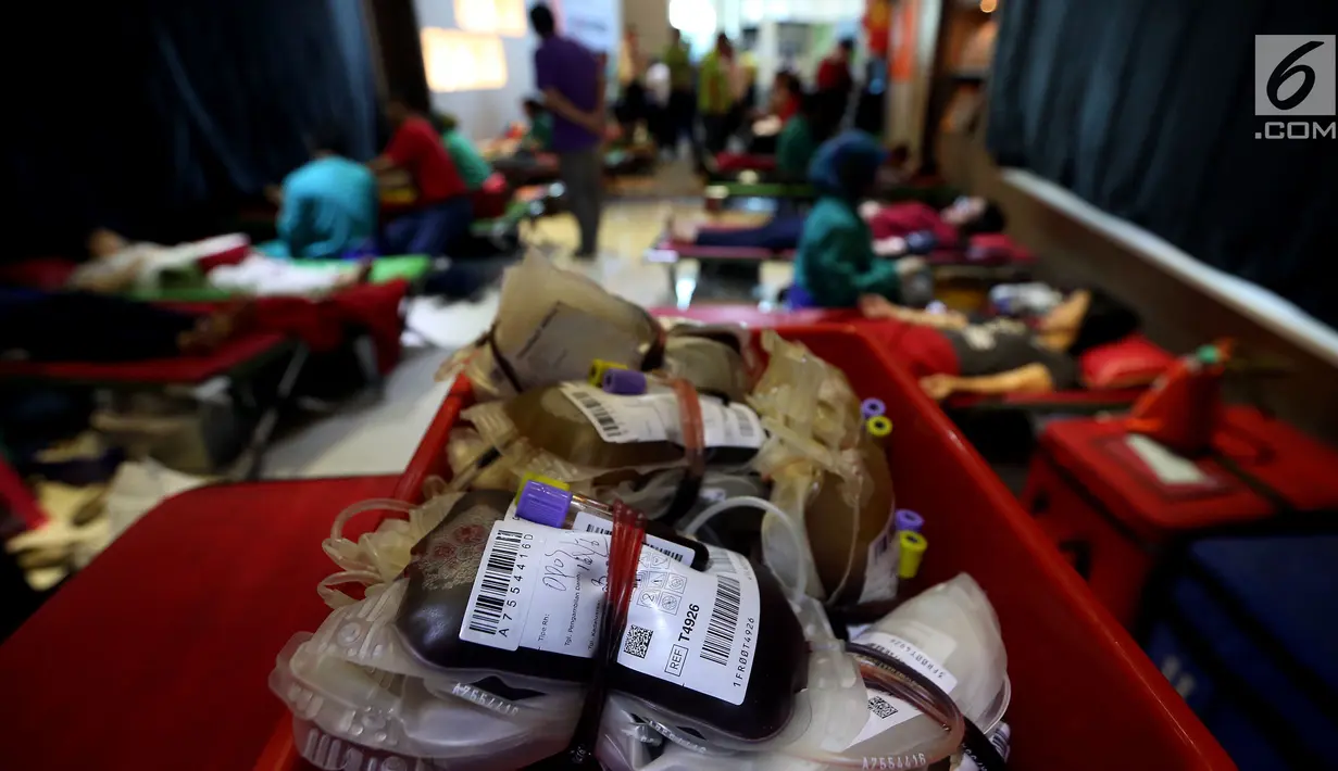 Sejumlah kantong darah hasil dari donor darah di acara "SUMBANGAN DARAHMU - SELAMATKAN 3 NYAWA" di kantor JMOA, lantai Lobby APL Tower - Central Park, Jakarta, Rabu (14/6). (Liputan6.com/Johan Tallo)