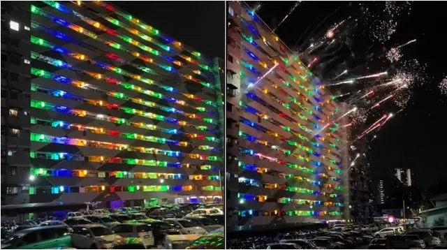 Viral satu blok apartemen kompak luncurkan kembang api bersama-sama untuk meriahkan Lebaran. (sumber: TikTok/firdauseusope)