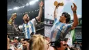 Foto kombo mega bintang Argentina, Lionel Messi (kiri) melakukan selebrasi dengan memegang trofi setelah menjuarai Piala Dunia 2022. Selebrasi yang dilakukan Messi sama persis dengan yang dilakukan oleh Diego Maradona di Piala Dunia 1986 (kanan). (AFP/Anne-Christine Poujoulat )