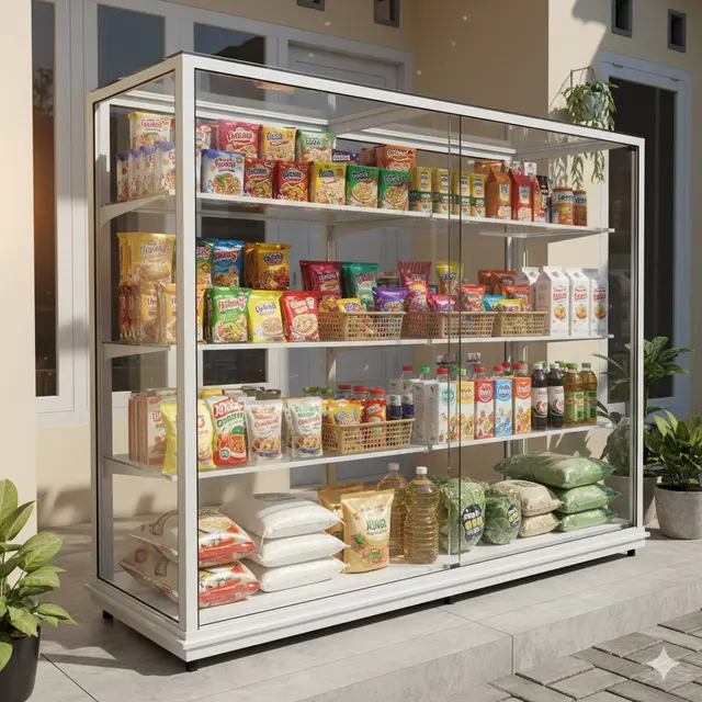 Desain Warung Sembako dengan Etalase Kaca Minimalis (Image byGemini AI)
