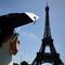 Seseorang berlindung di bawah payung saat berjalan menuju Menara Eiffel di Paris ketika gelombang panas yang memecahkan rekor melanda sebagian besar Eropa Barat pada Kamis 28 Mei 2026. (SIMON WOHLFAHRT/AFP)