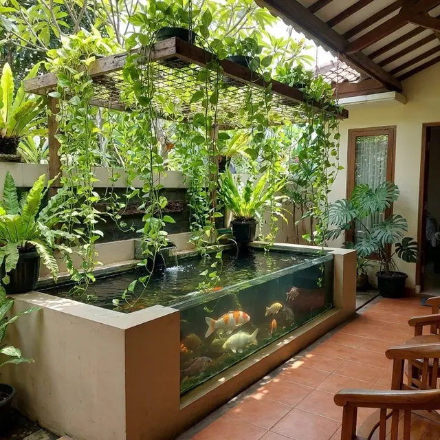 Ide Teras Adem Kombinasi Tanaman Hias dan Kolam Mini