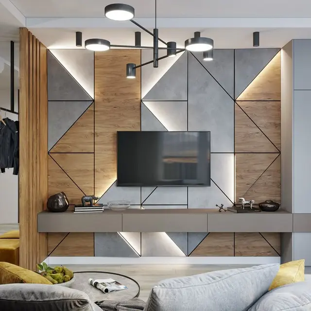 Rak TV dengan Dinding Geometris dan Pencahayaan Tersembunyi (Foto: Pinterest/Behance)