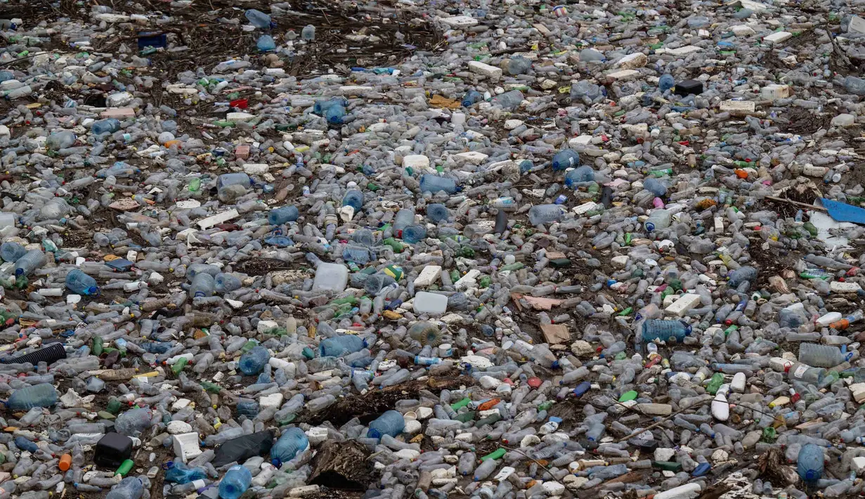 Untuk diketahui, kadar mangan yang melebihi batas aman dapat berisiko buruk bagi kesehatan saraf jika dikonsumsi dalam jangka panjang. Tampak dala foto, ceceran botol plastik dan sampah lainnya, yang hanyut terbawa hujan, mengapung di sepanjang Waduk Badovc di dekat Pristina, Kosovo pada Rabu 4 Februari 2026. (Armend NIMANI/AFP)