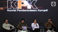 (ki-ka) Menteri Energi dan Sumber Daya Mineral Arifin Tasrif, Menteri Lingkungan Hidup dan Kehutanan Siti Nurbaya Bakar, Menteri Keuangan Sri Mulyani dan Gubernur Sulawesi Selatan Nurdin Abdullah menjadi pembicara dalam acara ‘KPK Mendengar’ di Gedung KPK, Jakarta, Senin (9/12/2019). (Liputan6.com/F