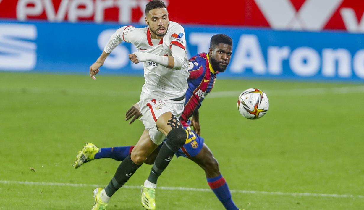 Penyerang Sevilla, Youssef En-Nesyri (kiri), berada di urutan ke-5 dengan kecepatan sprintnya mencapai kecepatan tertinggi 33,1 km / jam di Liga Champions UEFA musim ini. (Foto: AP/Angel Fernandez)
