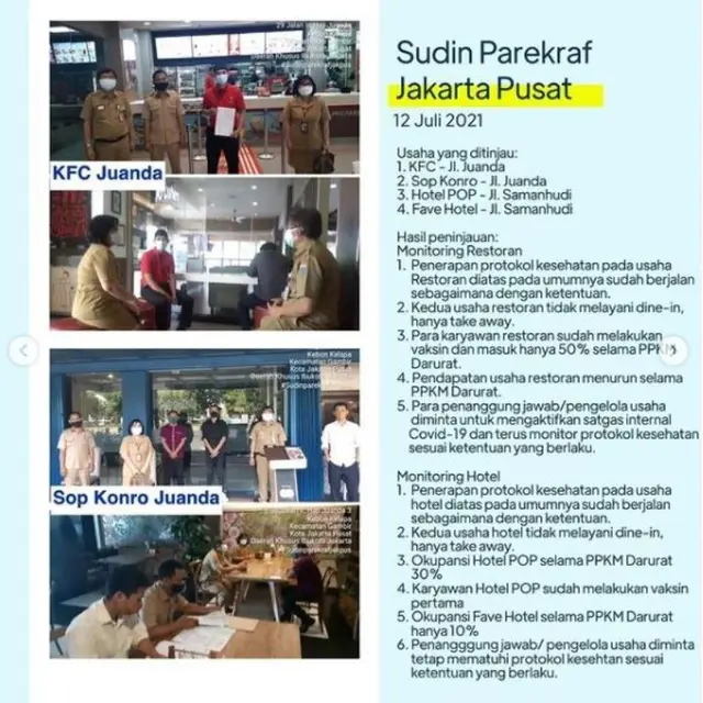 Disparekraf DKI Jakarta Bagikan Hasil Tinjauan Hotel dan Restoran Selama PPKM Darurat