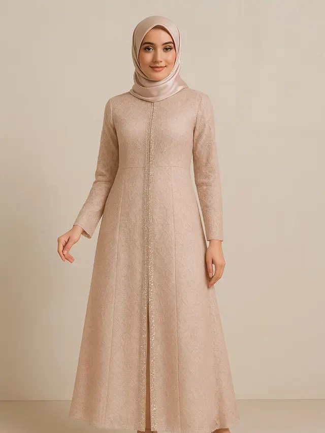 Model Gamis Brokat Belah Tengah Kombinasi Payet