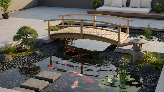 Model Kolam Ikan dengan Jembatan Bambu Mini di Teras Rumah