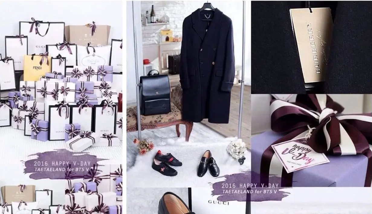 Para ARMY tahun jika V BTS suka dengan Gucci. Oleh karena itu di hari ulang tahunnya, V pun mendapatkan hadiah barang-barang Gucci dari para penggemarnya. (Foto: koreaboo.com)