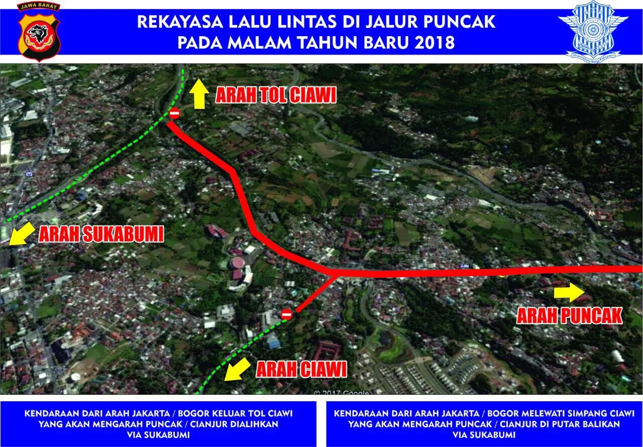Berikut ini pengalihan arus lalu lintas di jalur Puncak, Bogor, Jawa Barat. (Polres Bogor)