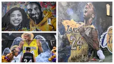 Satu tahun berlalu saat kepergian bintang basket NBA LA Lakers, Kobe Bryant bersama putrinya, Gianna dalam sebuah kecelakaan helikopter di Los Angeles, California, 26 Januari 2020. Karya seni berupa lukisan mural dipersembahkan untuk mengenang sang bintang. (Kolase Foto AFP)