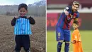 Bintang Barcelona Lionel Messi akhirnya bertemu dengan bocah asal Afghanistan Murtaza Ahmadi (6 tahun) di Doha, Selasa (13/12/2016). (AFP)