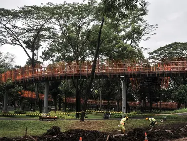 Pekerja menyelesaikan pembangunan Tebet Eco Garden di Jakarta Selatan, Kamis (3/3/2022). Pembangunan Tebet Eco Garden masuk proses finishing dan akan memiliki fasilitas jembatan penghubung, area bermain anak, community garden, thematic garden, dan sarana olahraga. (merdeka.com/Iqbal S. Nugroho)