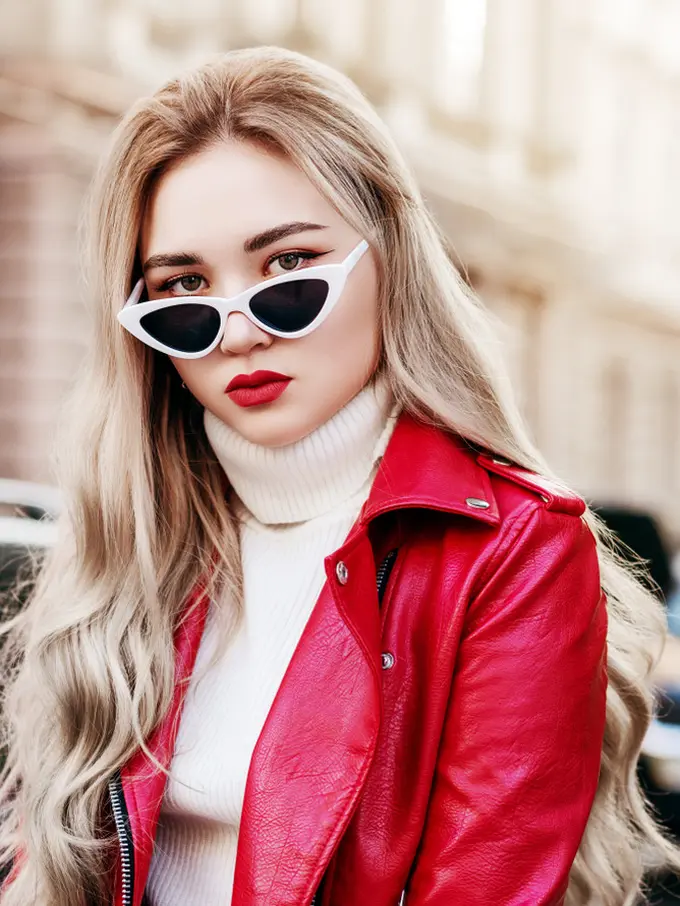 dewasa baju merah cantik rambut pirang tidak tersenyum