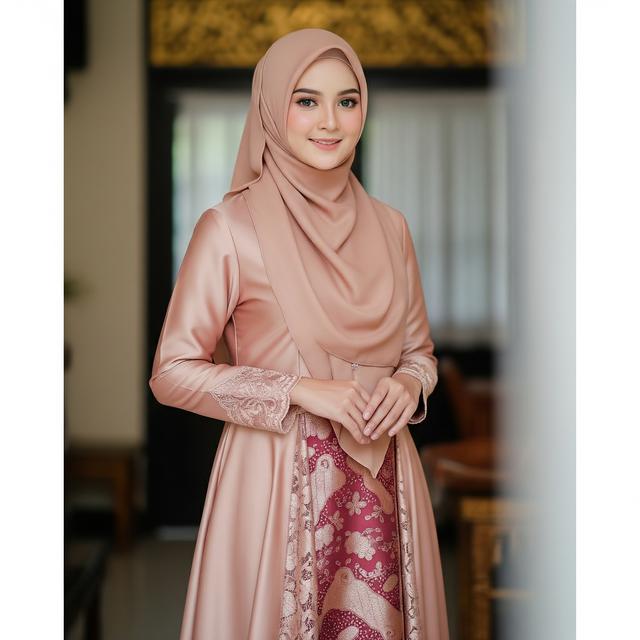 6. Gamis Rose Gold Syar'i dengan Sentuhan Brokat dan Batik Etnik