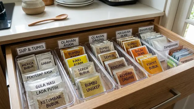 Ide menata bumbu sachet agar mudah dicari dan tidak bikin dapur berantakan model pisahkan bumbu berdasarkan jenis masakan
