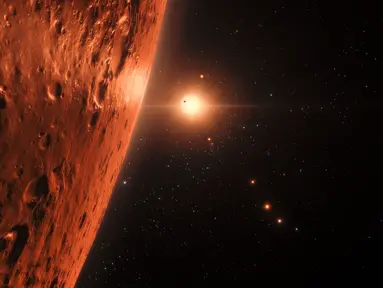 Tampilan di atas permukaan salah satu planet dalam sistem Trappist-1 yang dirilis oleh NASA, Washington, AS, Rabu (22/2). Para astronom menemukan sistem bintang yang dekat dengan sistem tata surya. (AFP PHOTO / M. Kornmesser)