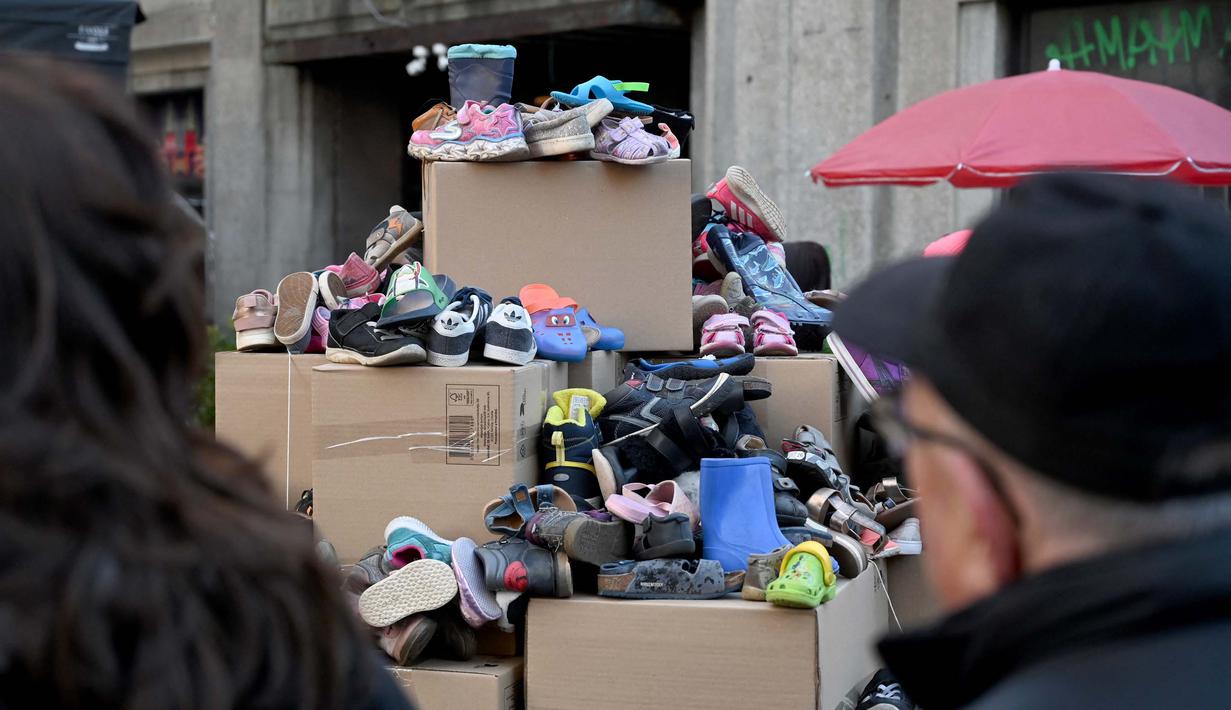 Aksi untuk mengecam perang Hamas dan Israel yang menyebabkan penderitaan anak-anak di Jalur Gaza. (DENIS LOVROVIC/AFP)