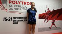 Pebulutangkis muda asal Amerika Serikat, Audrey Chang, menjalani pengalaman perdananya bertanding di Indonesia dalam Polytron Superliga Junior 2025&nbsp;di GOR Djarum Kudus, Jumat (19/9/2025). (Bola.com/Muhammad Adi Yaksa)