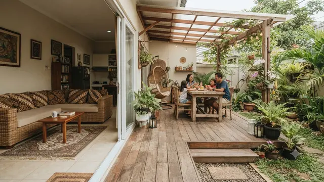 Rumah dengan Half Outdoor Living Room sebagai Tren Baru untuk Iklim Tropis Model Area Dek Kayu