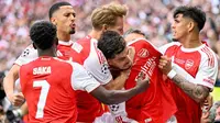 Pemain Arsenal merayakan gol yang dicetak oleh Kai Havertz ke gawang Paris Saint-Germain (PSG) dalam pertandingan final Liga Champions 2025/2026 di Puskas Arena, Budapest, Sabtu (30/5/2026). (INA FASSBENDER / AFP)