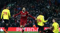 Winger Liverpool, Mohamed Salah, merayakan gol yang dicetak ke gawang Watford dalam laga lanjutan Premier League 2017-2018 di Stadion Anfield, Minggu (18/3/2018) dini hari WIB. (Twitter Liverpool)
