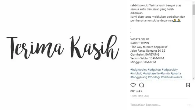 Rabbit Town ucapkan terima kasih (instagram/rabbittown.id)