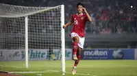 Selebrasi pemain Timnas Indonesia U-19, Rabbani Tasnim Siddiq usai menjebol gawang Filipina dalam pertandingan babak penyisihan Grup A Piala AFF U-19 yang berlangsung di Stadion Patriot Candrabhaga, Bekasi, Jumat (8/7/2022). (Bola.com/Bagaskara Lazuardi)