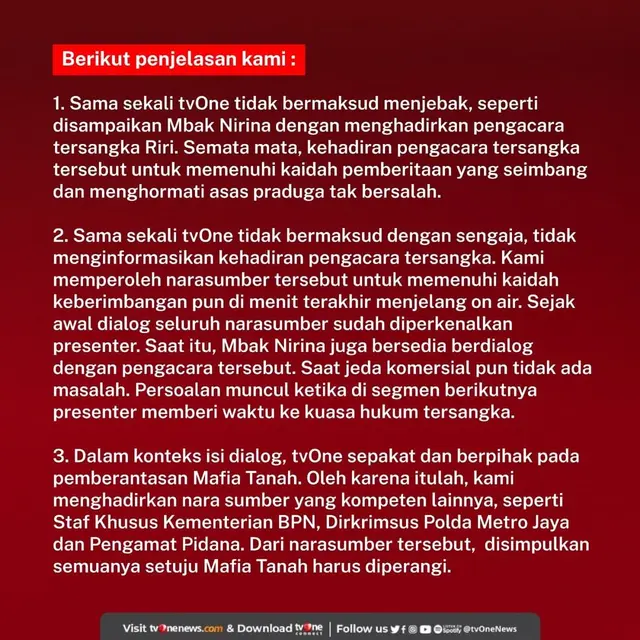 Respon TV One atas walk out Nirina Zubir di acara Apa Kabar Indonesia Malam (https://www.instagram.com/p/CWbVUBLLmDp/)
