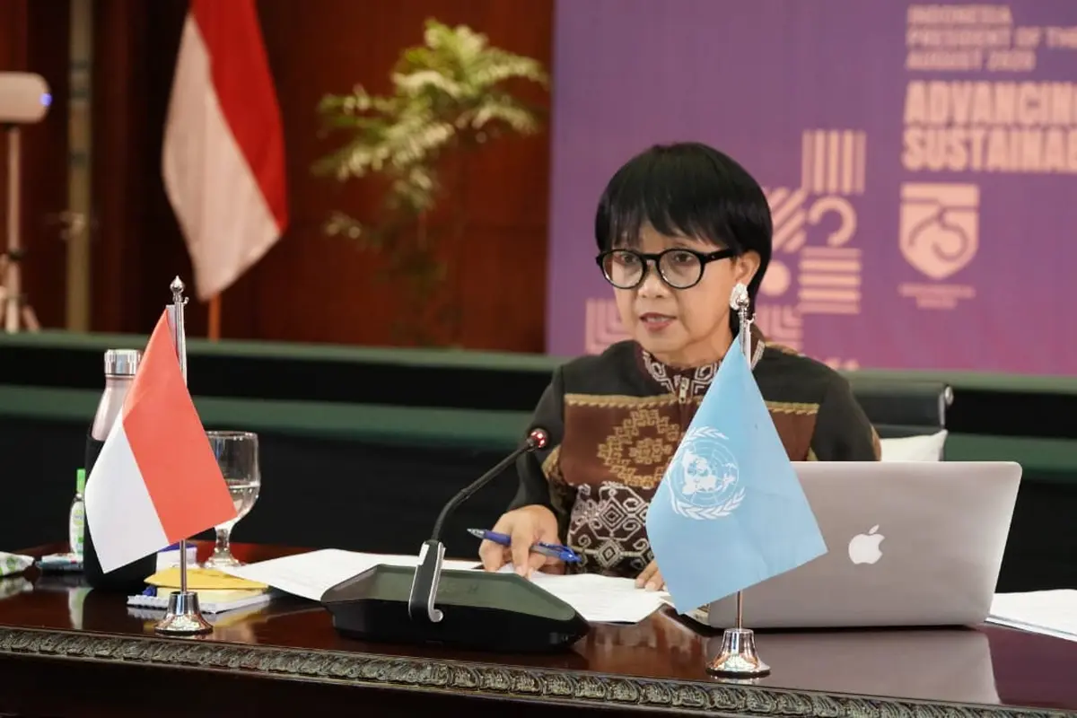 Menlu Retno saat memimpin sidang DK PBB kedua secara virtual pada Rabu, 12 Agustus 2020.