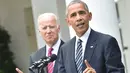 Presiden AS Barack Obama didampingi Wapres AS, Joe Biden memberikan pidato kemenangan capres dari Partai Republik, Donald Trump di Pilpres AS di Gedung Putih, Washington, DC (9/11).  (AFP PHOTO/Nicholas Kamm)