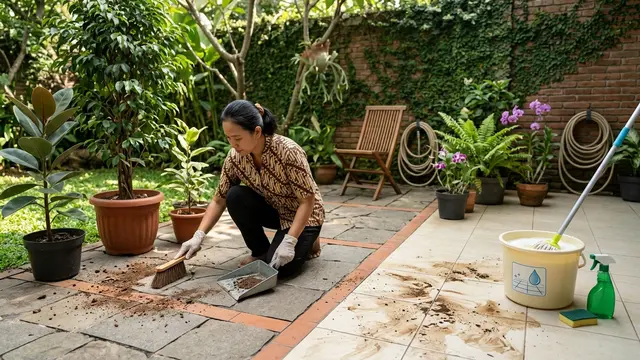 Cara Menghilangkan Noda Tanah Bekas Pot Tanaman di Teras (AI Generated)