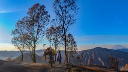 Daya tarik Bromo tak pernah pudar. Panorama matahari terbitnya yang memukau, suhu udara pegunungan yang sejuk, hingga hamparan pasir yang menyerupai gurun membuat kawasan ini terus memikat ribuan pengunjung setiap tahun. Tampak dalam foto, warga Tengger berbincang di Ngadisari, Bromo, Jawa Timur. (merdeka.com/Arie Basuki)