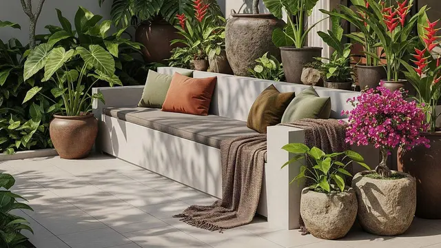 Model Teras Rumah Kecil dengan Bangku Semen dan Tanaman Pot